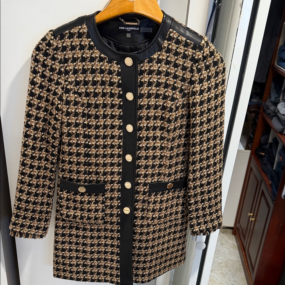 Karl Lagerfeld PARIS Tweed long jacket/coat with black leather trim